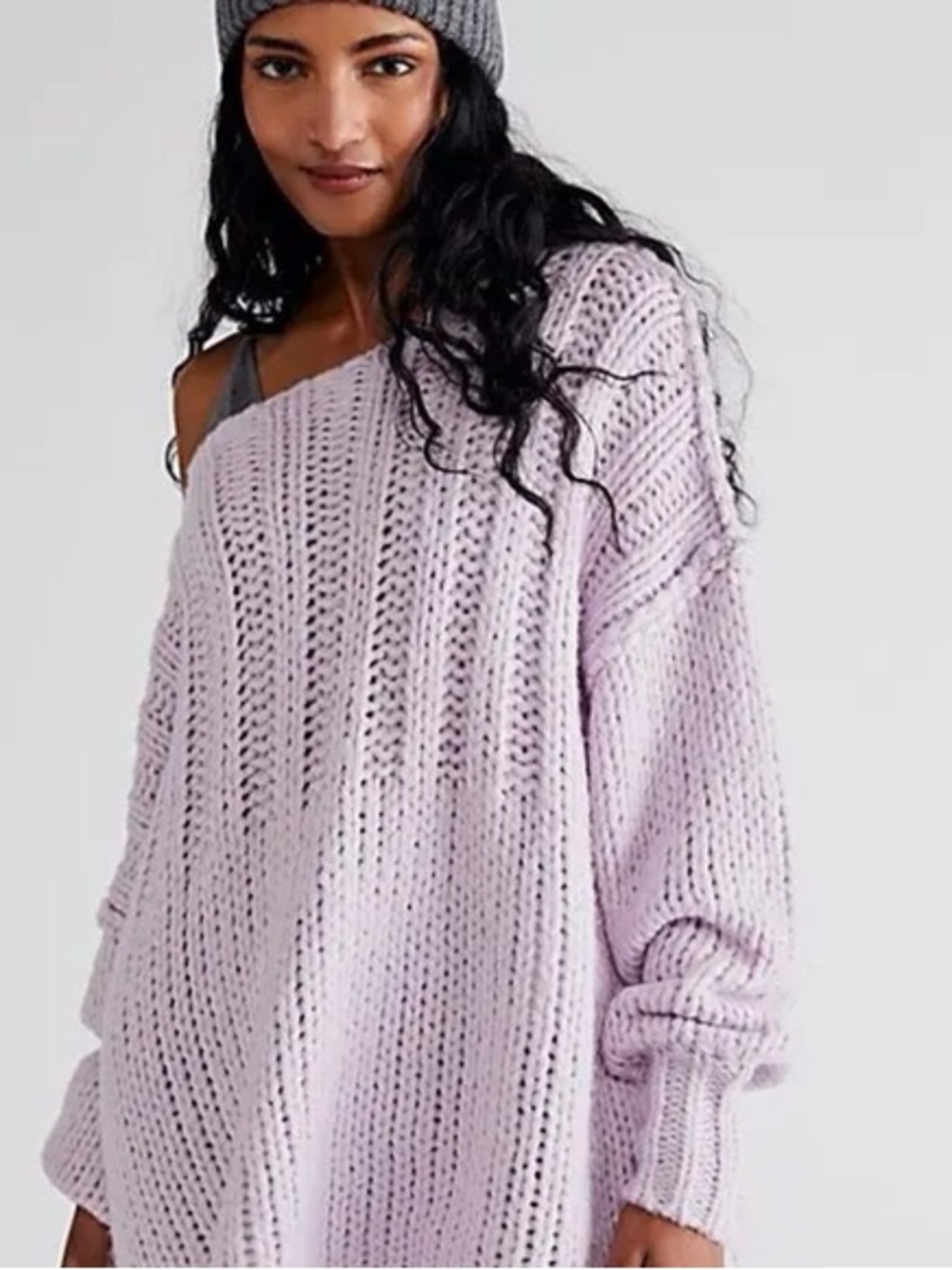 Free People Lavender Off-Shoulder Chunky Knit Sweater